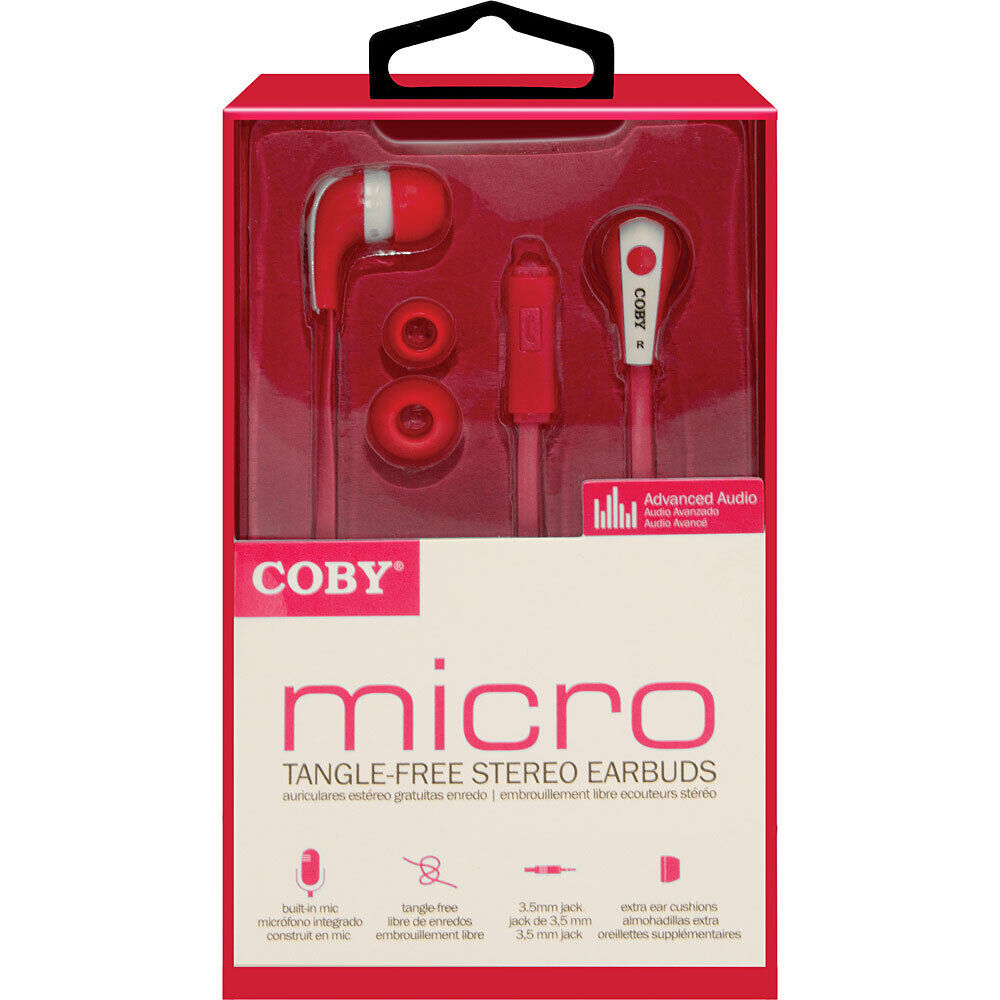 Coby CVE-113-RED Tangle Free Flat Cable Stereo Earbuds With Mic, Red - ARISDEALS